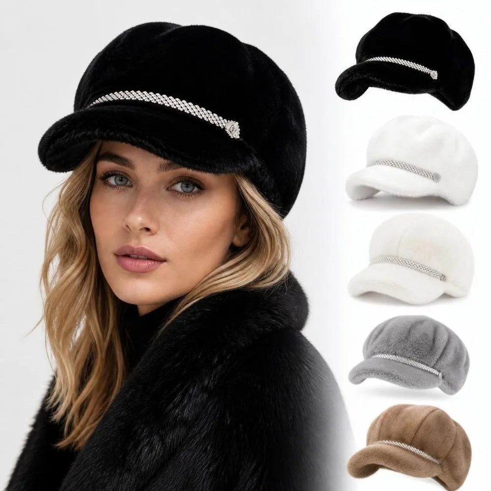 Faux Mink Fur Newsboy Beret – Rhinestone Strap Women's Winter Hat Faux Fur Beret SWANS