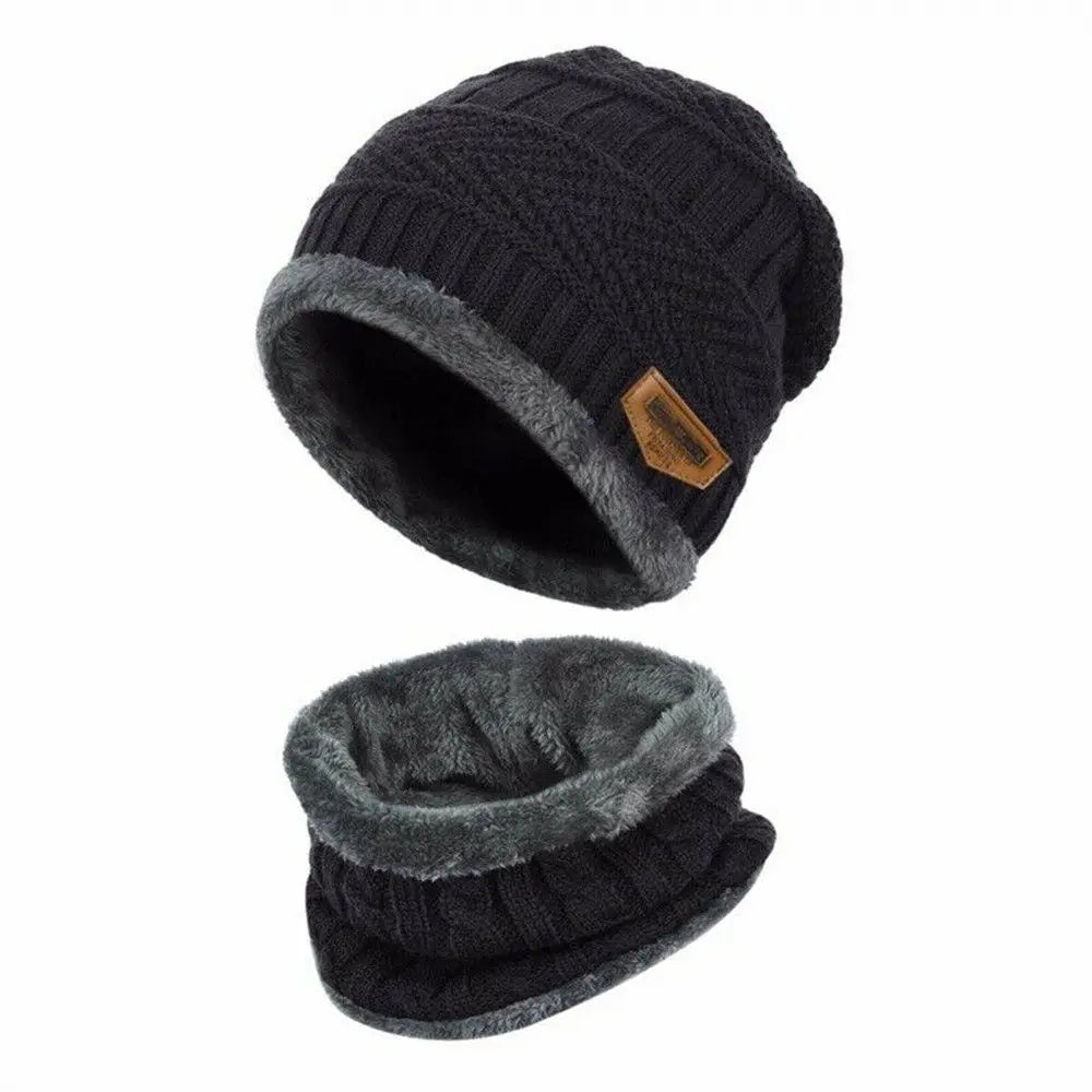 Kids Winter Knit Hat & Neck Warmer Set – Fleece Lined Kids Winter Hat Set SWANS black One Size
