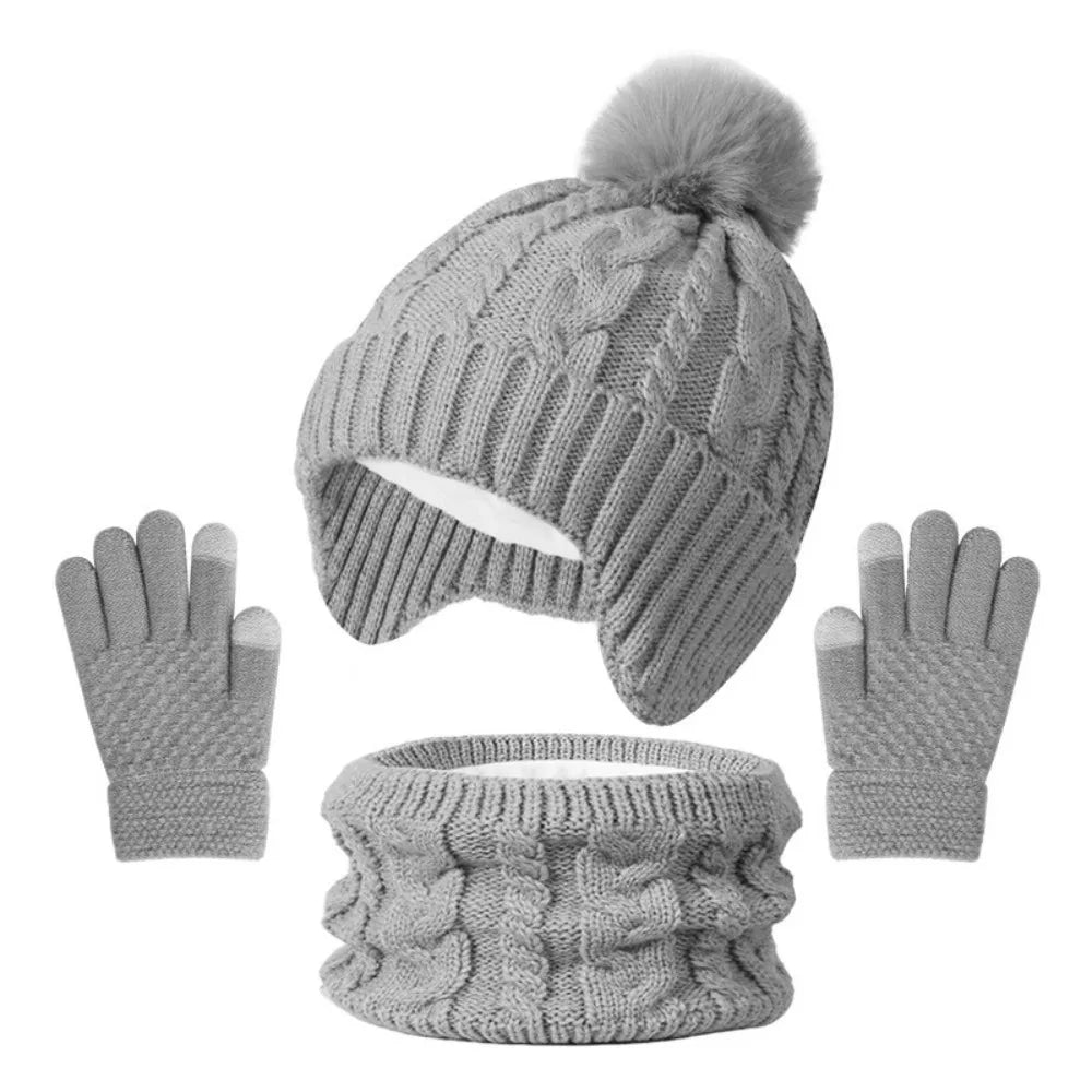 Kids Winter Knit Hat Scarf & Gloves Set – Pompom 3–10Y Kids Winter Accessories Set SWANS Grey