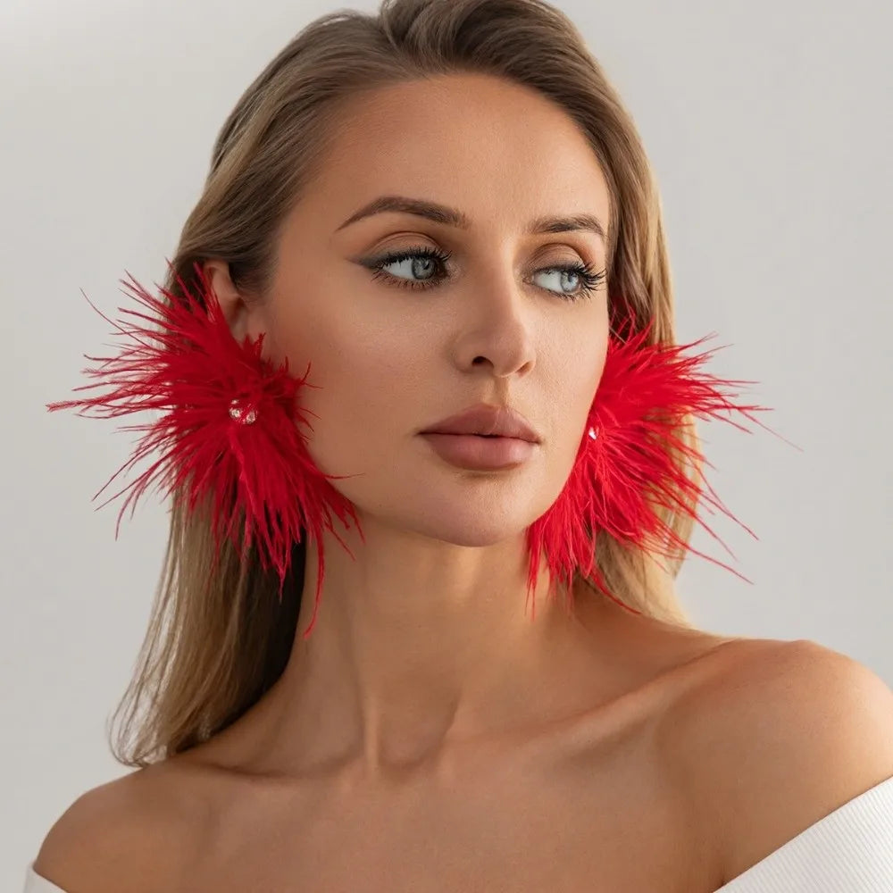 Multicolor Feather Dangle Earrings with Rhinestone Geometric Dangle Earrings SWANS Red