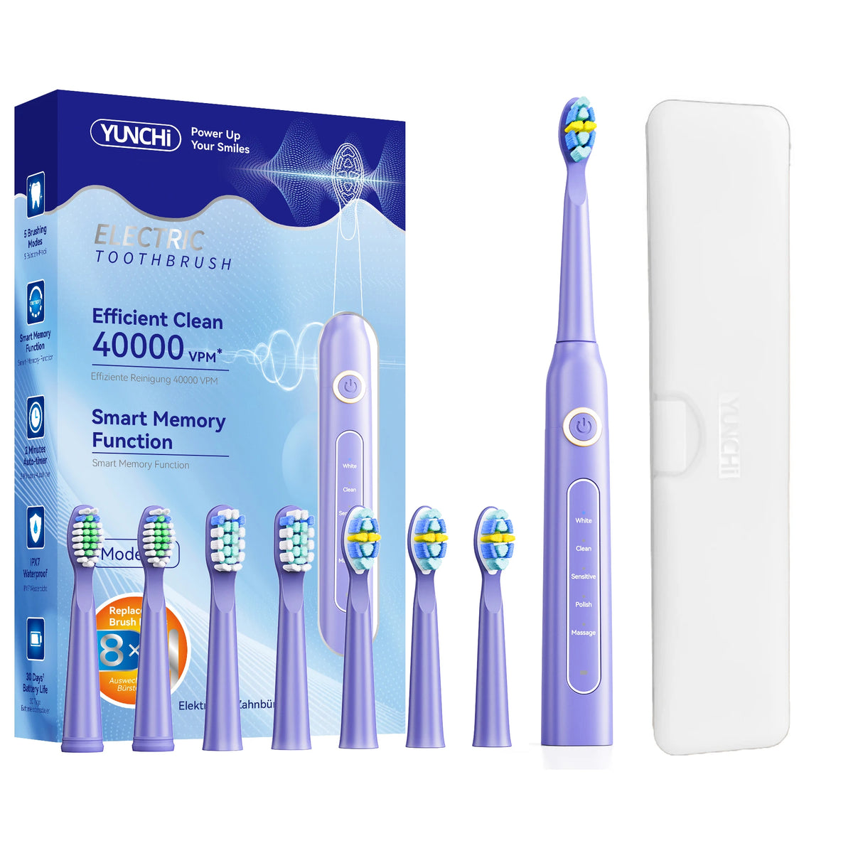 YUNCHi Y5 Sonic Electric Toothbrush 5 Modes & 8 Brush Heads Electric Toothbrush SWANS Purple
