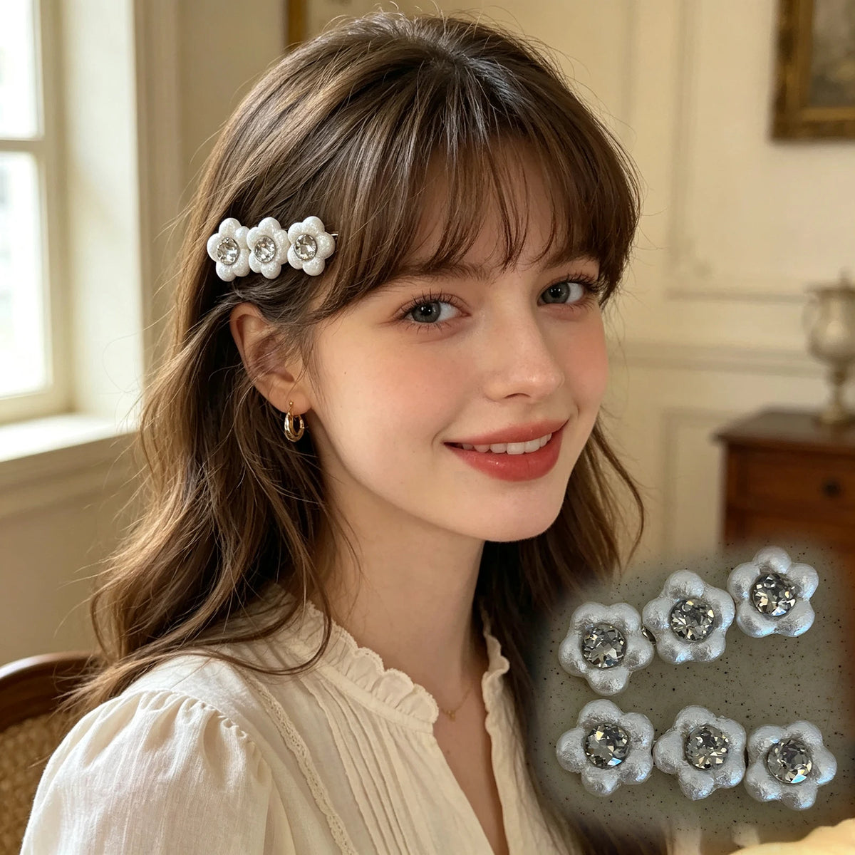 Vintage White Flower Hair Clip – Crystal Rhinestone Duckbill Hair Clip SWANS