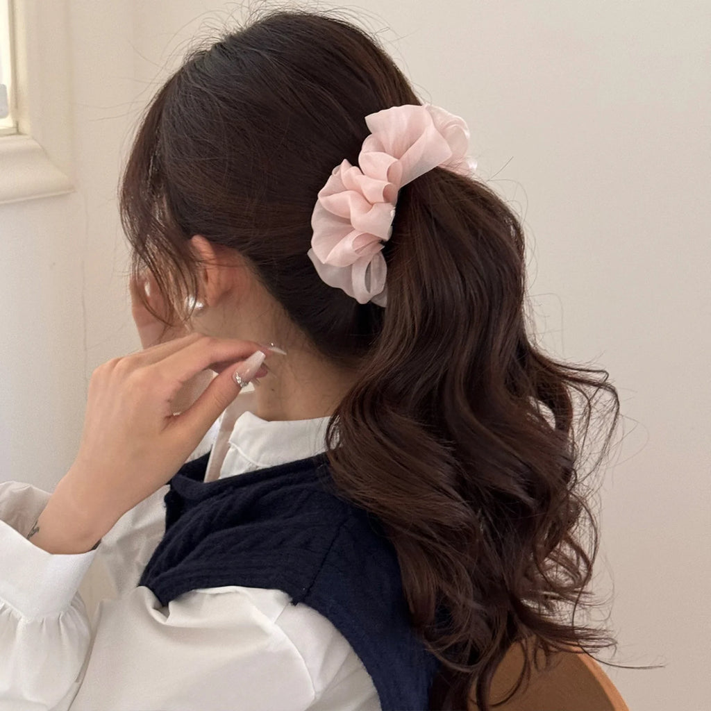 Chiffon Flower Hair Scrunchies 3-Color Set – Black Pink White Hair Scrunchies SWANS