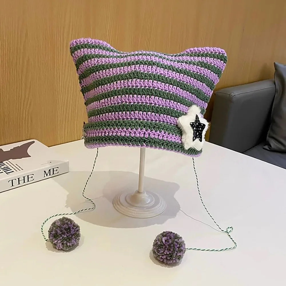 Y2K Knitted Beanie Hat – Pointed Ears Striped Star Devil Knitted Beanie Hat SWANS purple-green