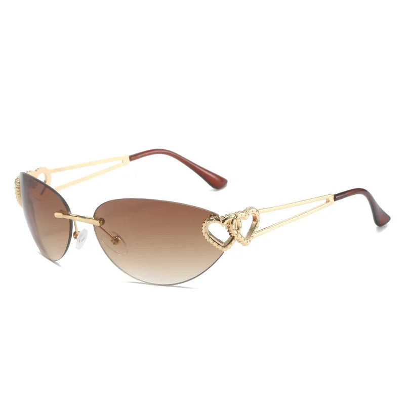 Y2K Rimless Double Heart Cat Eye Sunglasses UV400 Unisex Fashion Sunglasses SWANS Tea As the picture