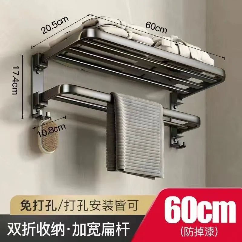 SWANS No-Drill Folding Towel Holder – Space Aluminum Double Bar Towel Holder Rack SWANS Upgraded 60CM