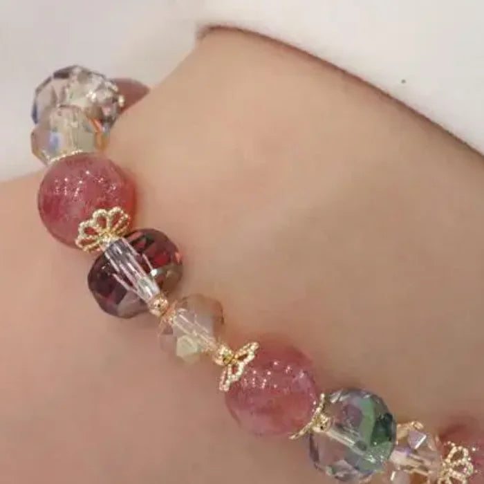 Natural Strawberry Crystal Beaded Bracelet – Pink Elastic Bangle Crystal Beaded Bracelet SWANS