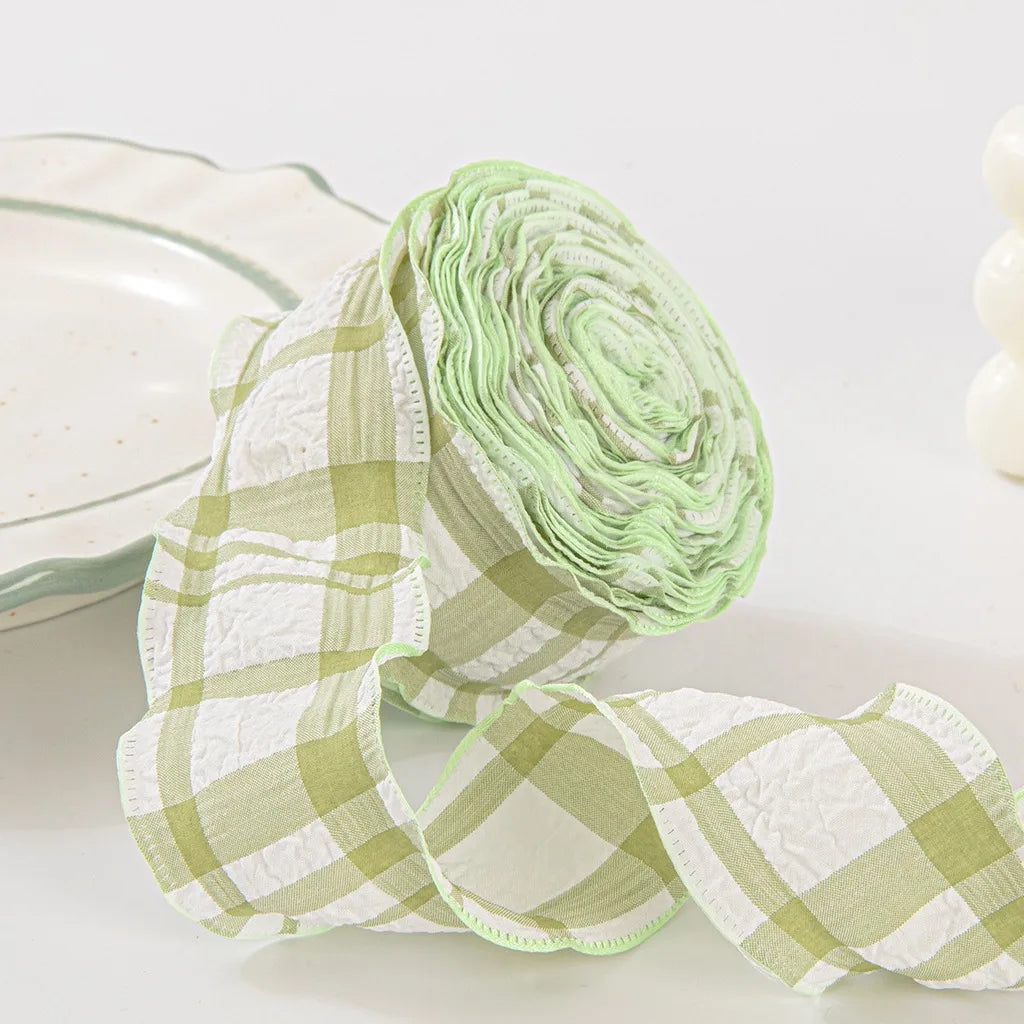 Ruffled Gingham Check Ribbon – 4cm x 10 Yards for DIY Crafts Craft Ribbon SWANS Light Green White