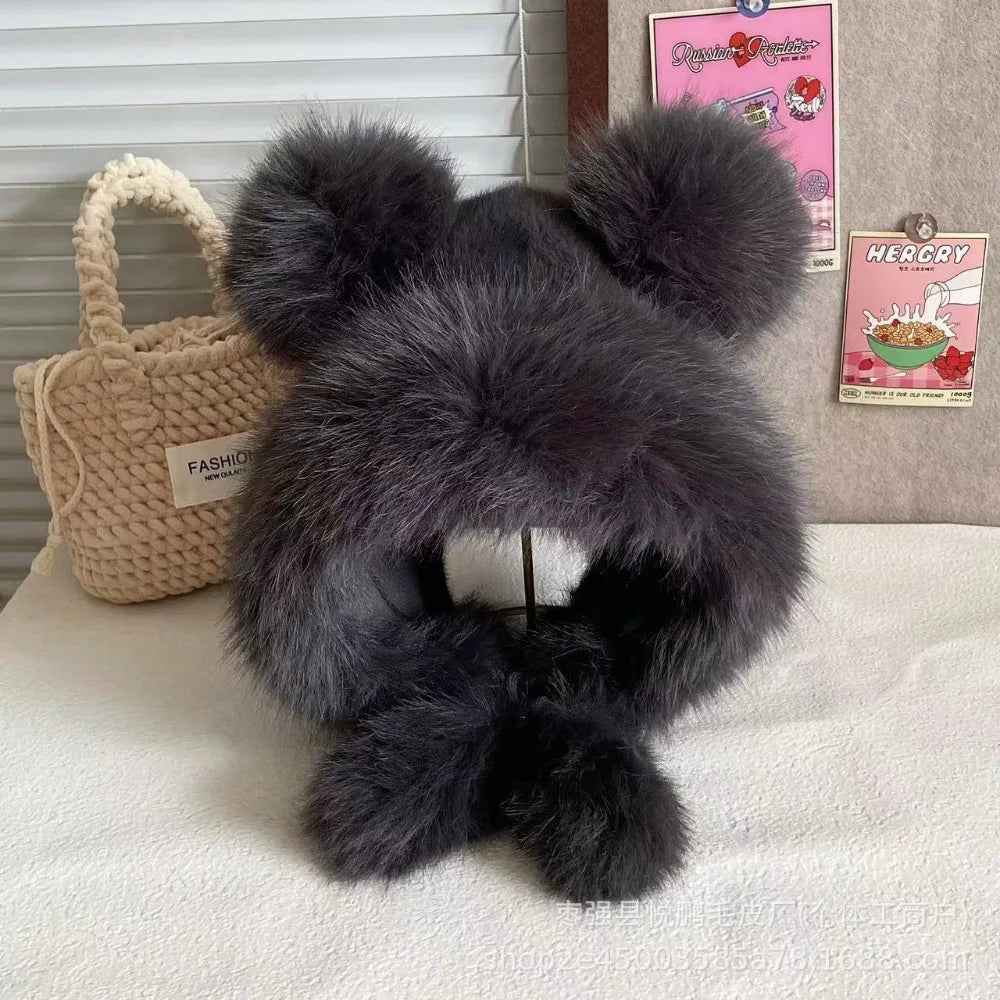 Women's Winter Wool Bucket Hat with Bear & Rabbit Ears Winter Bucket Hat SWANS Grey-C