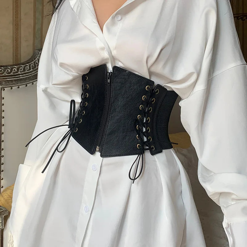 Women's Wide PU Leather Corset Belt – Gothic Punk Waistband Wide Corset Belt SWANS