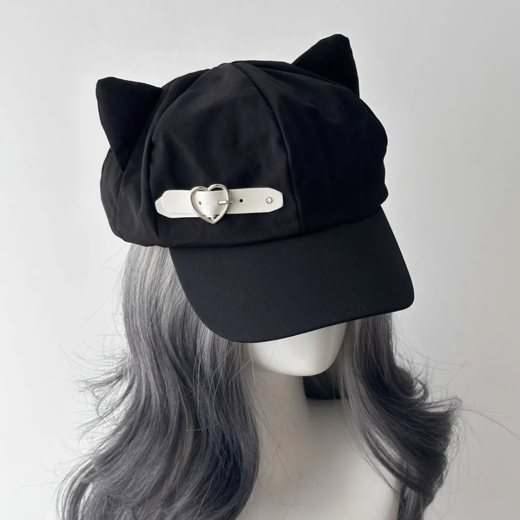 Y2K Cat Ear Peaked Beret – Cute Cotton Hat for Women Beret Hat SWANS White Heart