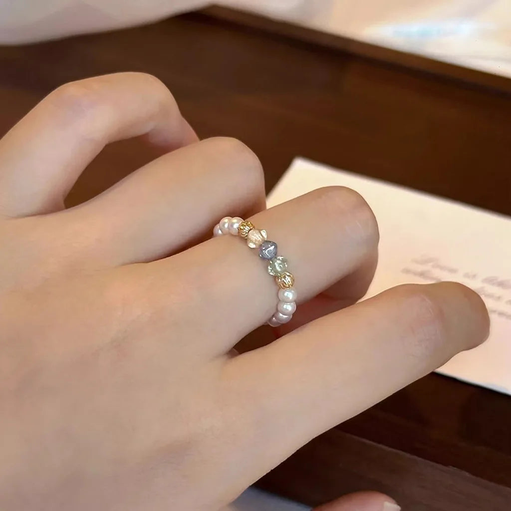 Pearl & Czech Bead Adjustable Open Ring – French Vintage Style Fashion Beaded Ring SWANS