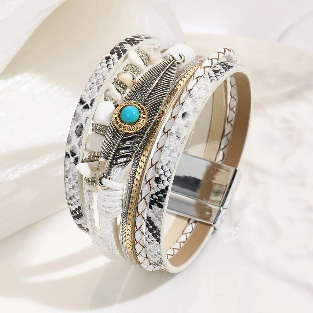 Bohemian Turquoise Crushed Stone Leather Wrap Bracelet Stone Charm Bracelet SWANS White