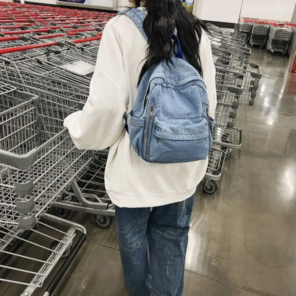 Vintage Washed Denim Backpack – Student Laptop & Travel Bag Denim Backpack SWANS