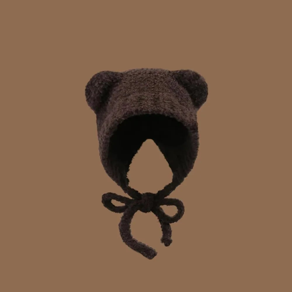 Y2K Bear Ear Knit Beanie Hat – Warm Lace-Up Cap for Women Knit Beanie Hat SWANS Coffee
