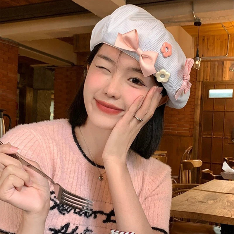 Women's Cotton Beret Hat – Bow Flower Button Octagonal Cap Women's Beret Hat SWANS