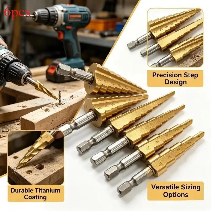 6-Pc Titanium Step Drill Bit Set – Metal, Wood & PVC Step Drill Bit Set SWANS