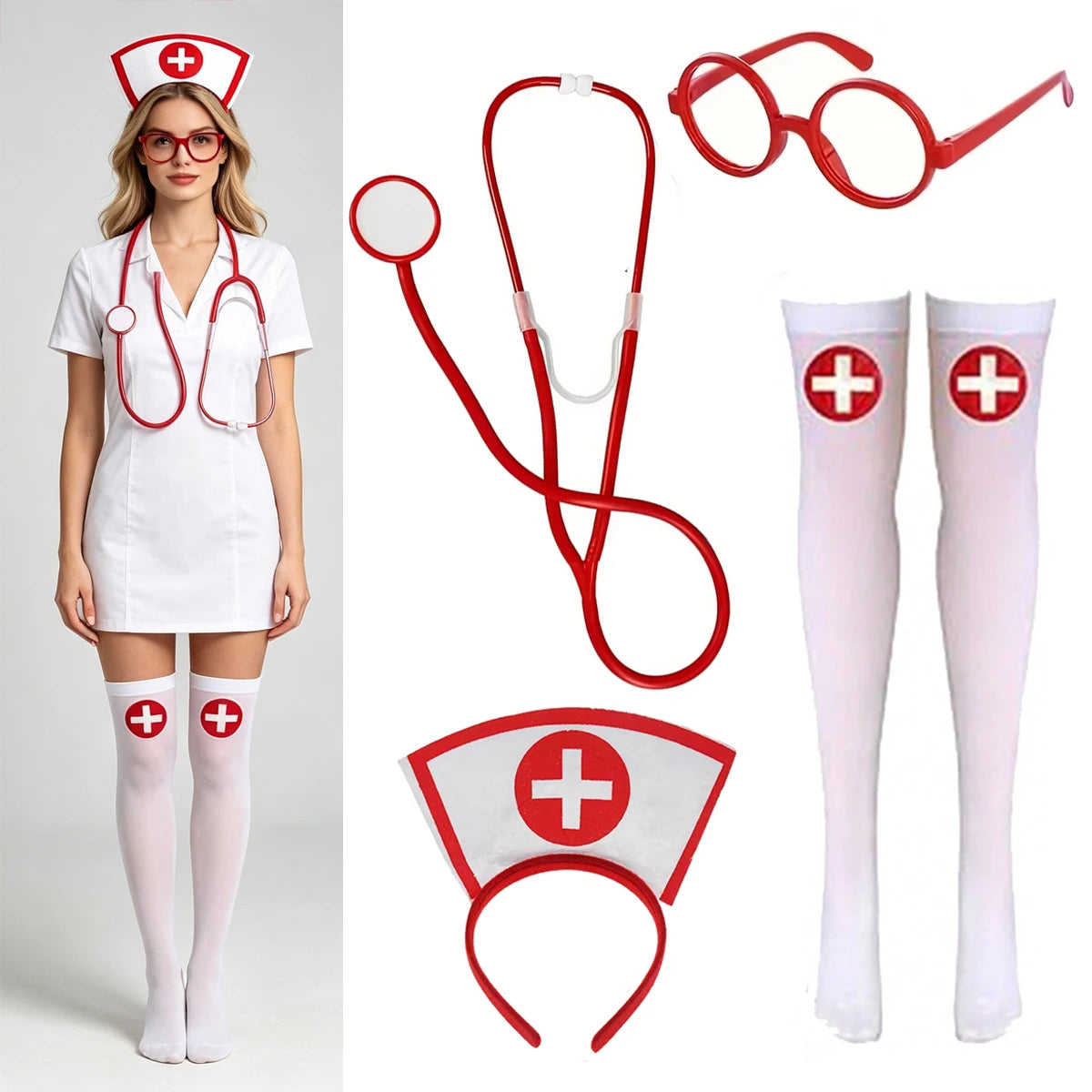 Nurse Costume Accessories Set – Headband, Stethoscope & Stockings Costume Accessories Set SWANS