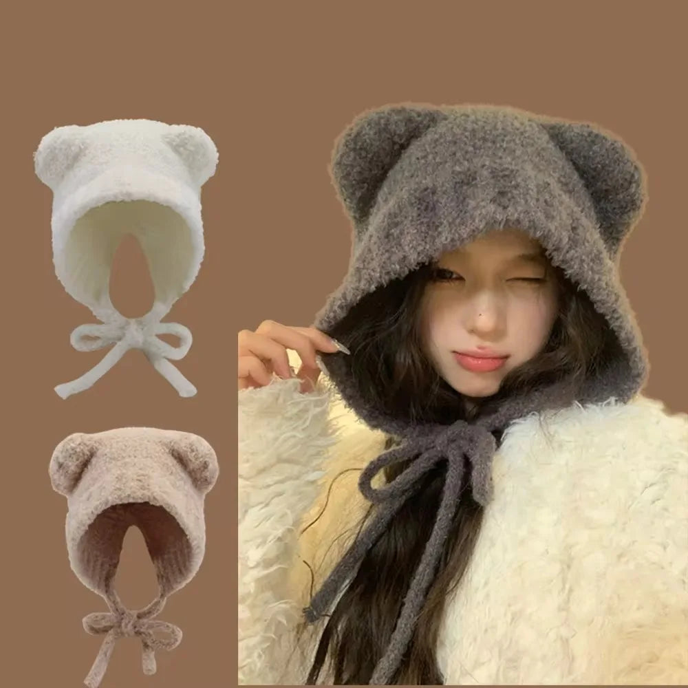 Y2K Bear Ear Knit Beanie Hat – Warm Lace-Up Cap for Women Knit Beanie Hat SWANS