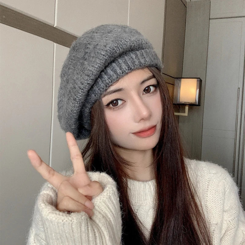 Women's Wool Blend Beret – Warm Knit French Artist Cap Women's Beret Hat SWANS gray Elastic