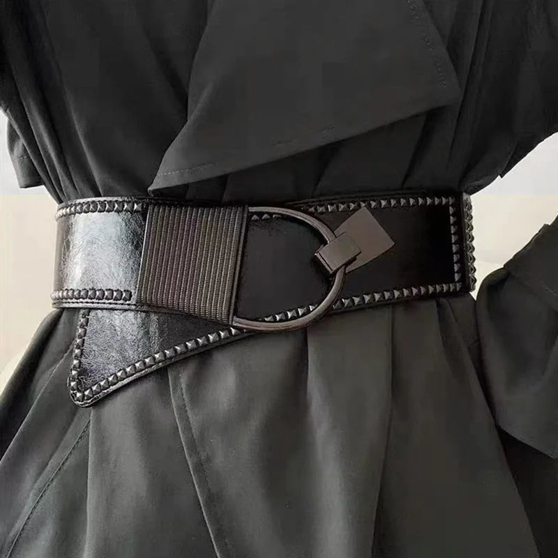 Women's Wide PU Leather Rivet Belt – Hip Hop Corset Waistband Wide Fashion Belt SWANS 77x6cm black