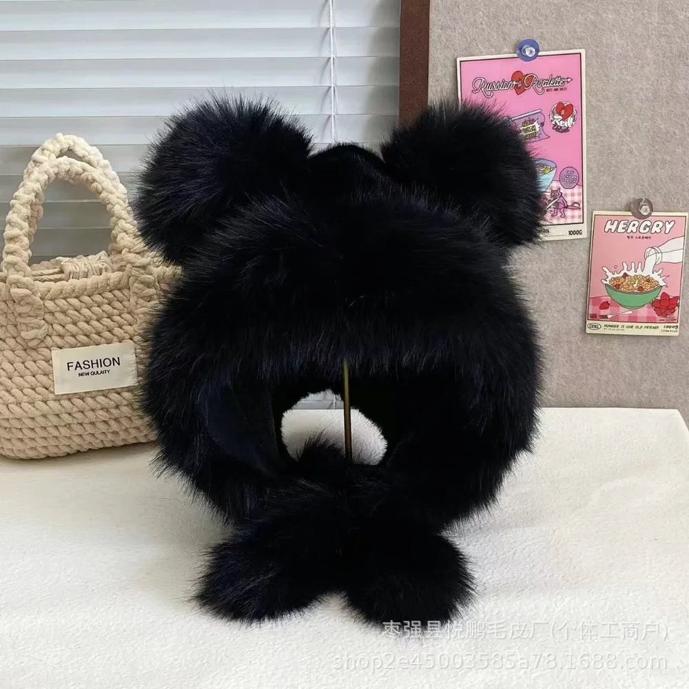 Women's Winter Wool Bucket Hat with Bear & Rabbit Ears Winter Bucket Hat SWANS Black-C