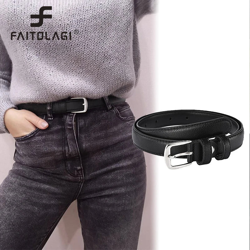 Women's Black PU Leather Thin Belt | Silver Pin Buckle Women's Leather Belt SWANS