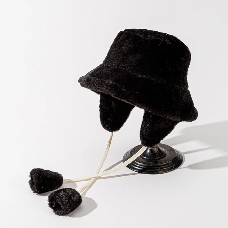 Women's Fluffy Faux Fur Bucket Hat – Warm Winter Fisherman Cap Winter Bucket Hat SWANS black one size