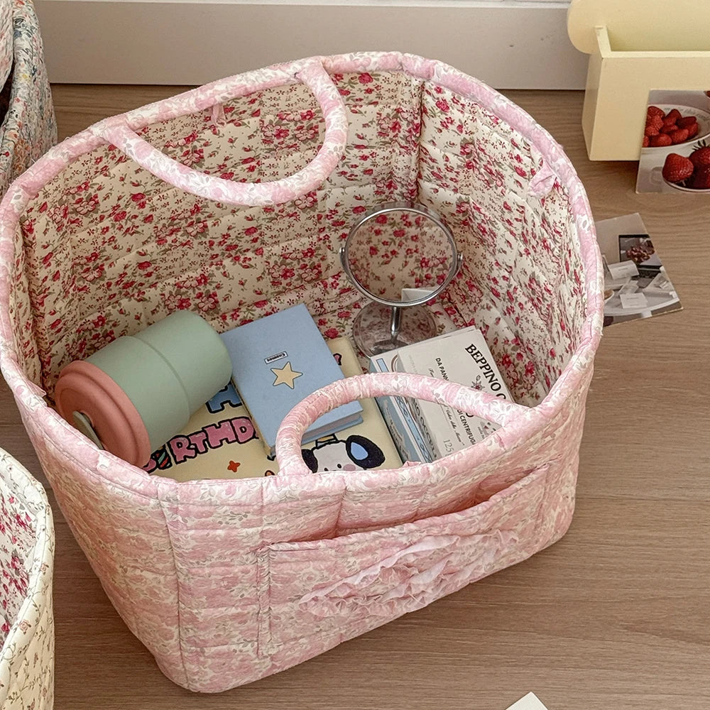 Vintage Floral Quilted Foldable Storage Basket with Handle Fabric Storage Basket SWANS