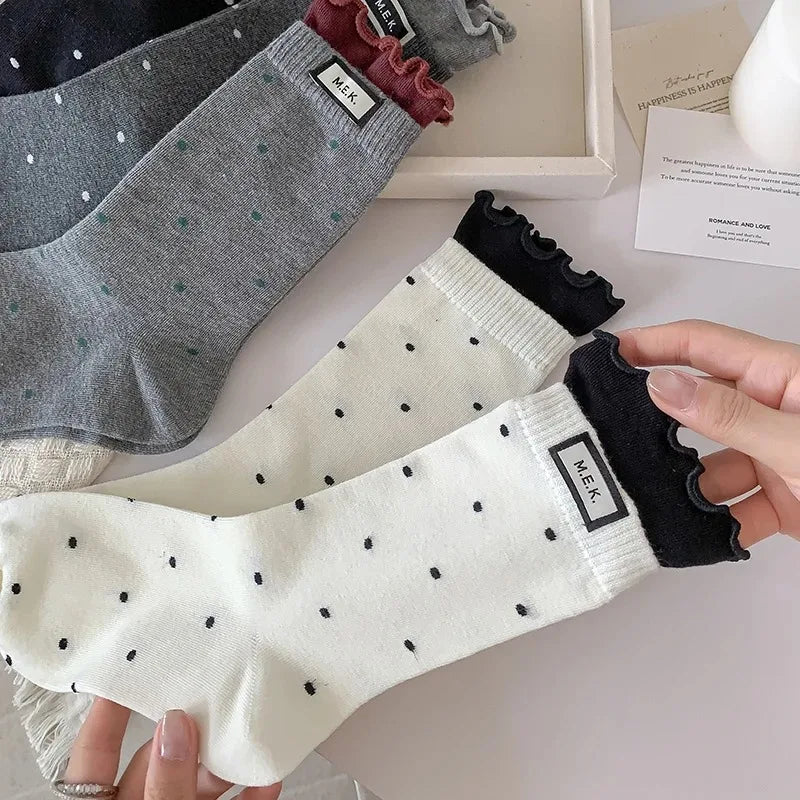 Women's Frilly Dot Cotton Socks – Soft Breathable Preppy Style Women's Fashion Socks SWANS