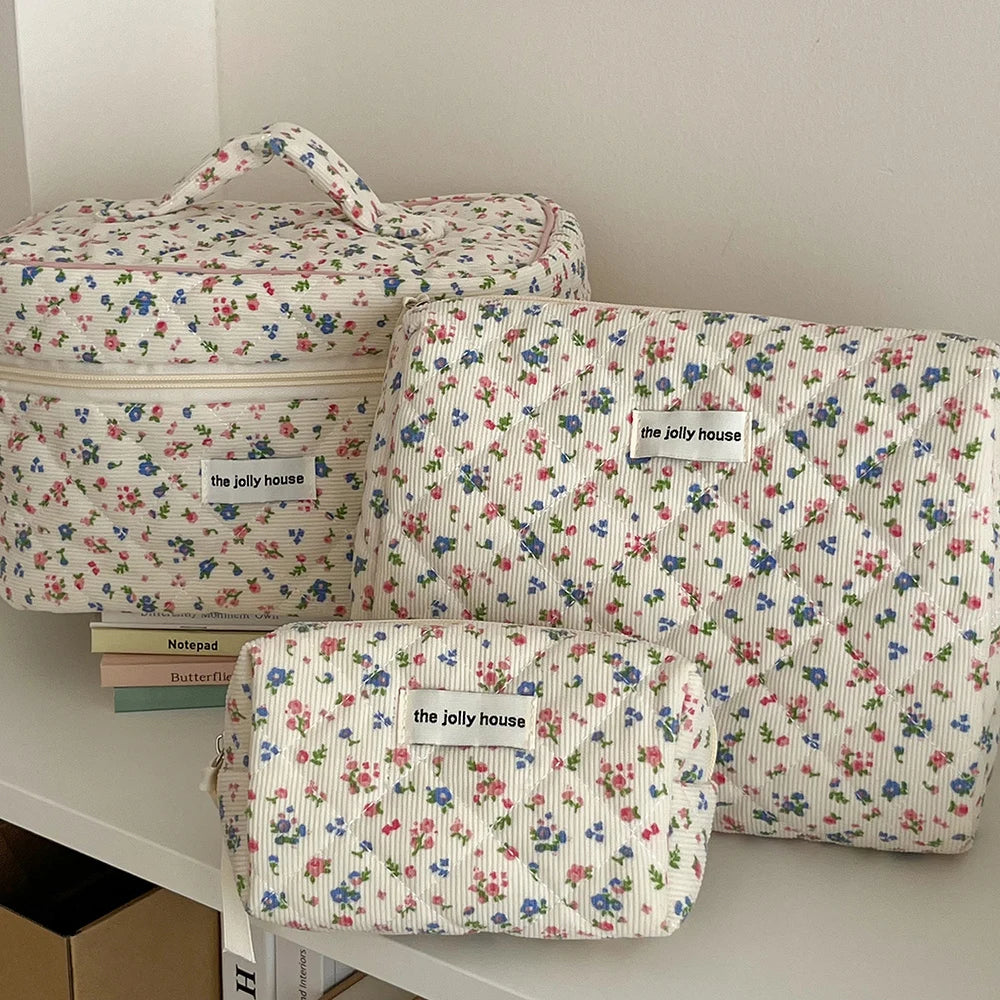 Vintage Floral Quilted Cotton Makeup Bag & Cosmetic Tote Cosmetic Makeup Bag SWANS