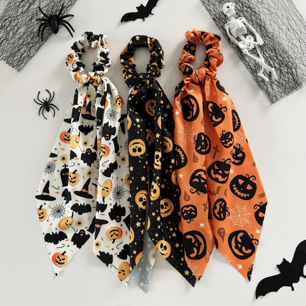 Halloween Scrunchies Set – 3-Piece Pumpkin Ghost Bat Hair Ties Halloween Hair Scrunchies SWANS