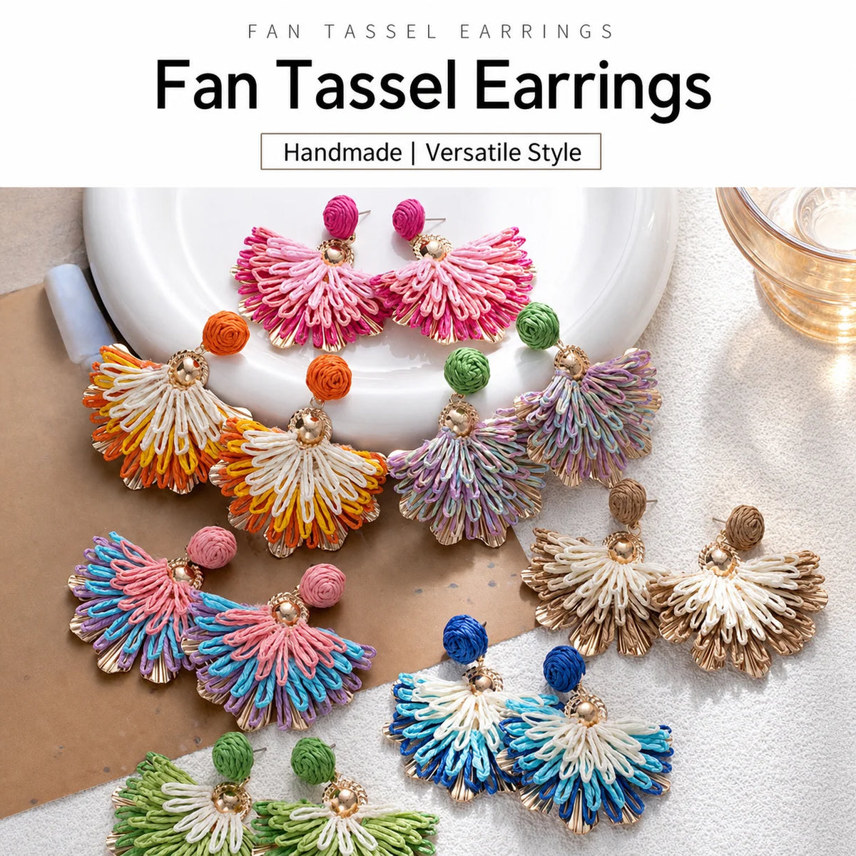 Women's Bohemian Raffia Flower Fan Drop Earrings Drop Earrings SWANS