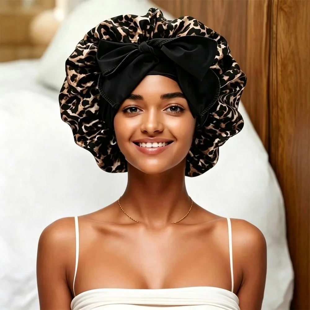 Satin Sleep Bonnet Leopard Print Bow Hair Cap – 5 Colors Satin Sleep Bonnet SWANS Black