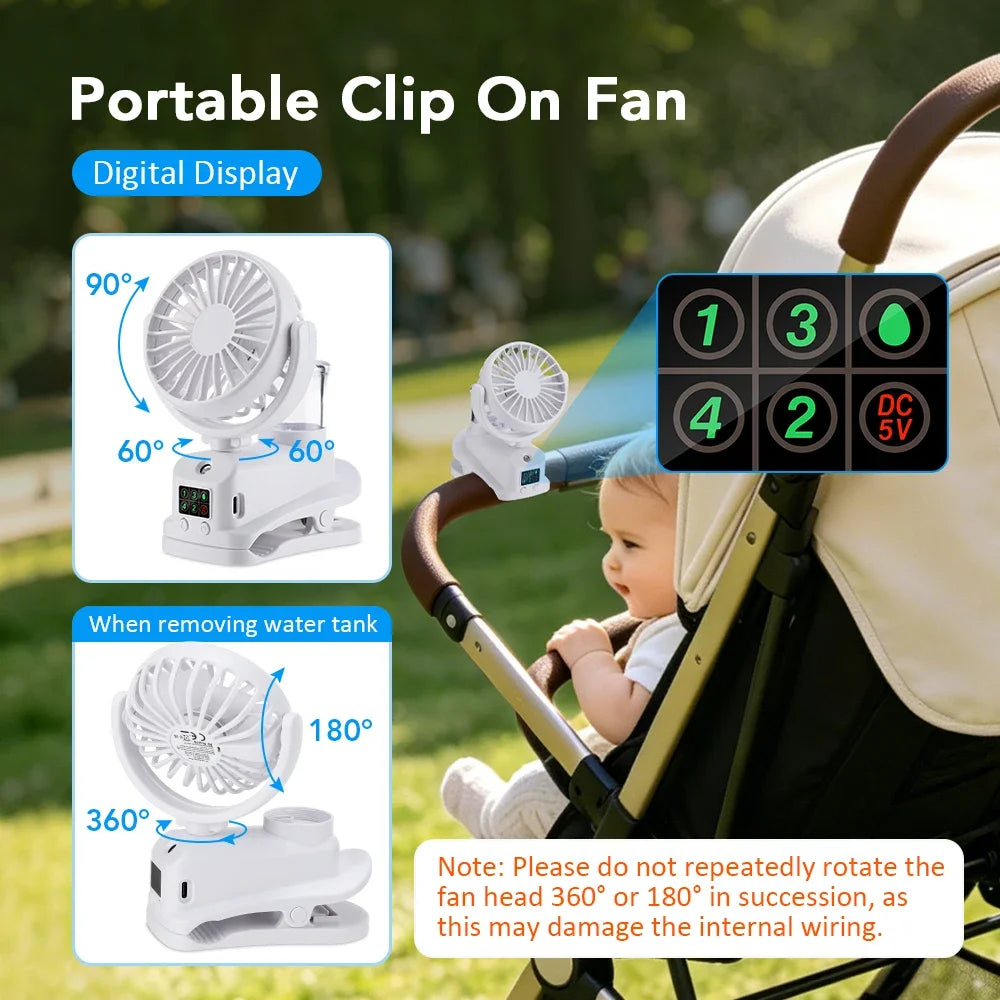 AFDEAL Clip-On Mist Fan USB Rechargeable 4-Speed LED Display Clip-On Mist Fan SWANS