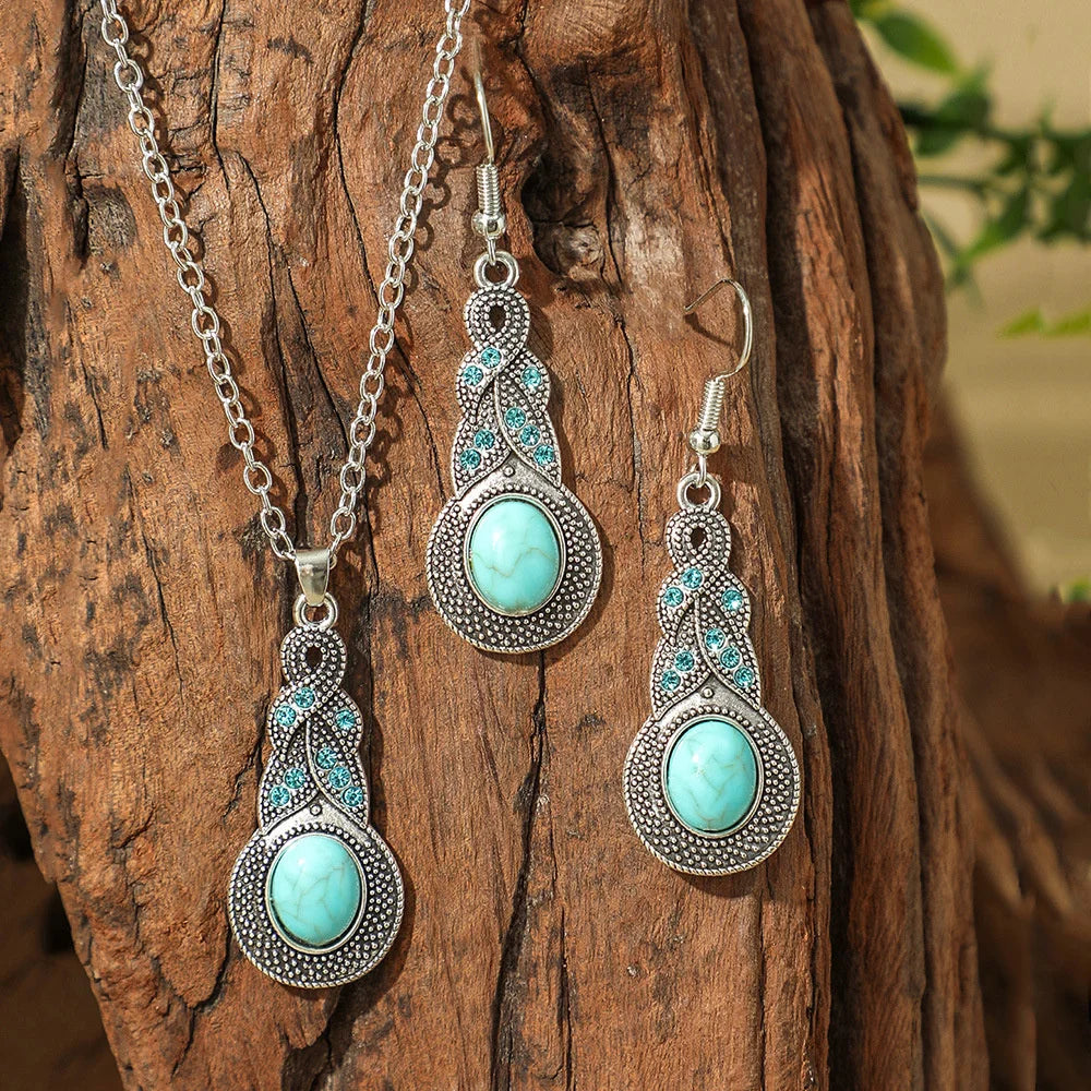 Vintage Turquoise Earrings & Necklace Set – Bohemian Jewelry Jewelry Set SWANS Style 7