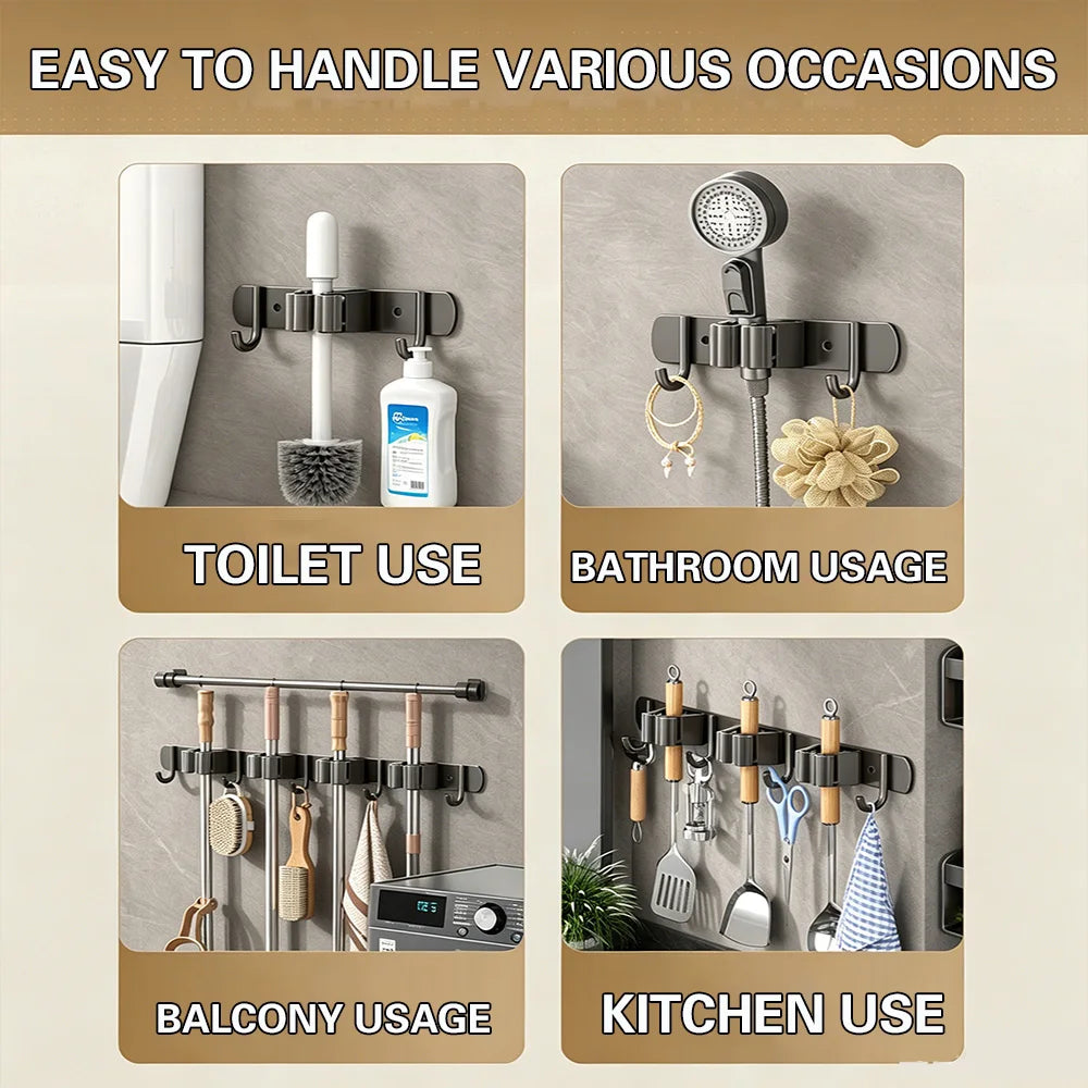SWANS No-Drill Stainless Steel Mop & Broom Wall Organizer Wall Broom Organizer SWANS