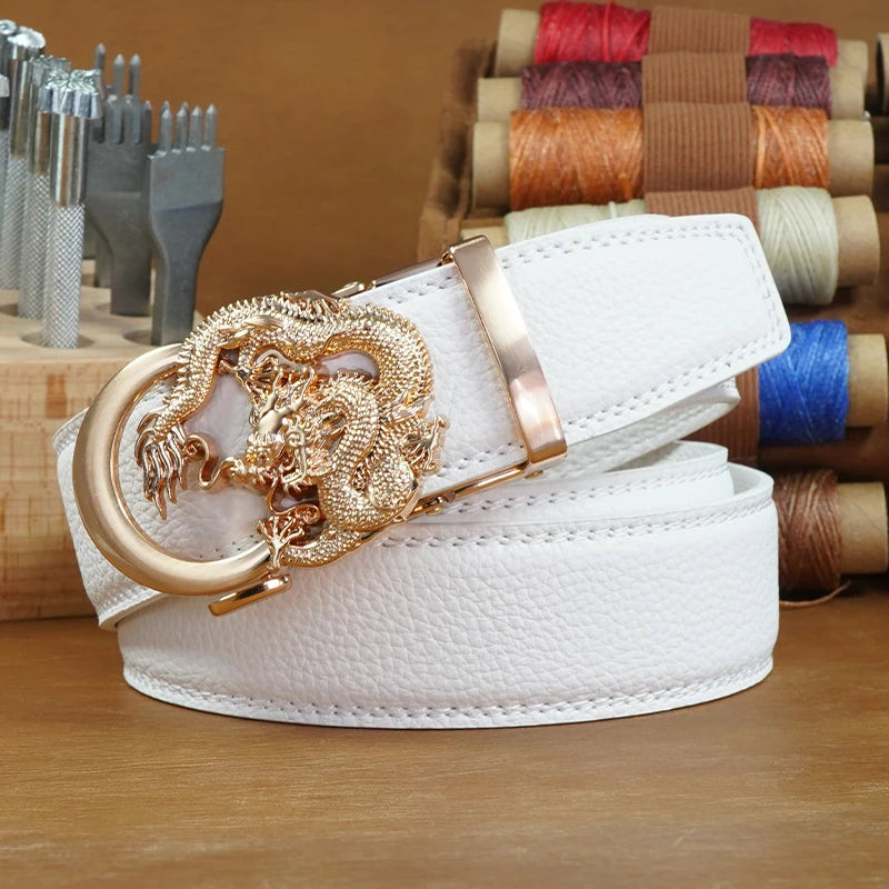 Men's Split Leather Belt – Automatic Ratchet Buckle Leather Belt SWANS DL127-White 115cm-Fit 32in-38in
