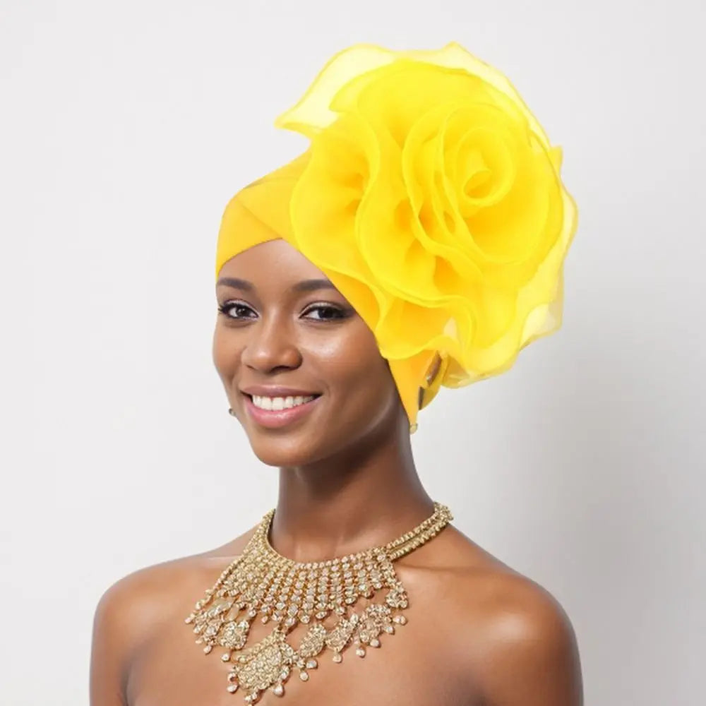 Large Flower Turban Cap – African Head Wrap Beanie Women Turban Beanie Cap SWANS yellow