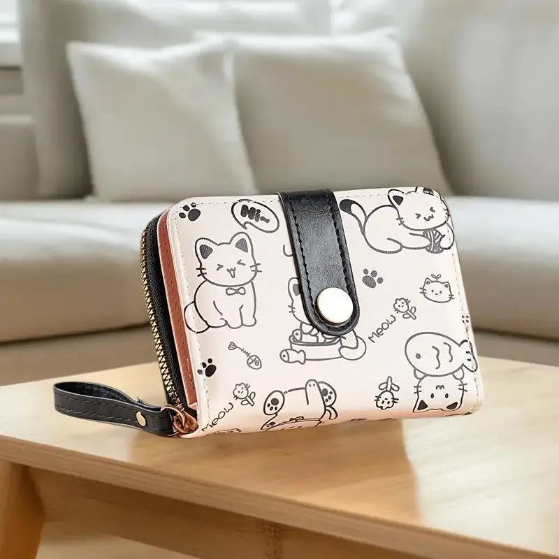 Lovely Cat PU Leather Folding Wallet – Women's Zipper Purse Folding Zipper Wallet SWANS