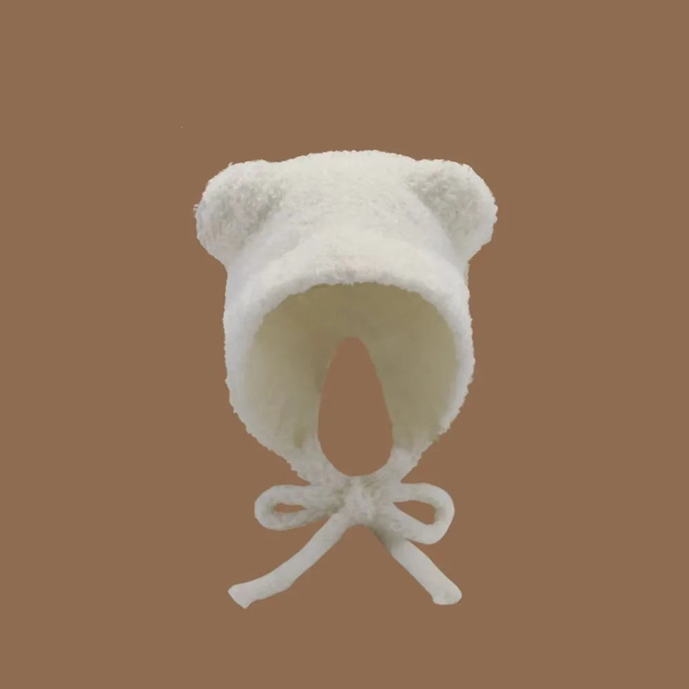 Y2K Bear Ear Knit Beanie Hat – Warm Lace-Up Cap for Women Knit Beanie Hat SWANS White