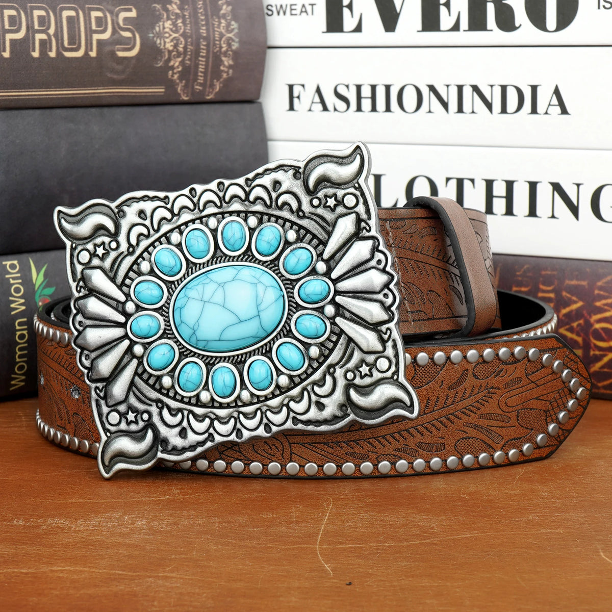 Women's Vintage Embossed PU Belt – Sapphire Ball Buckle Women's Fashion Belt SWANS