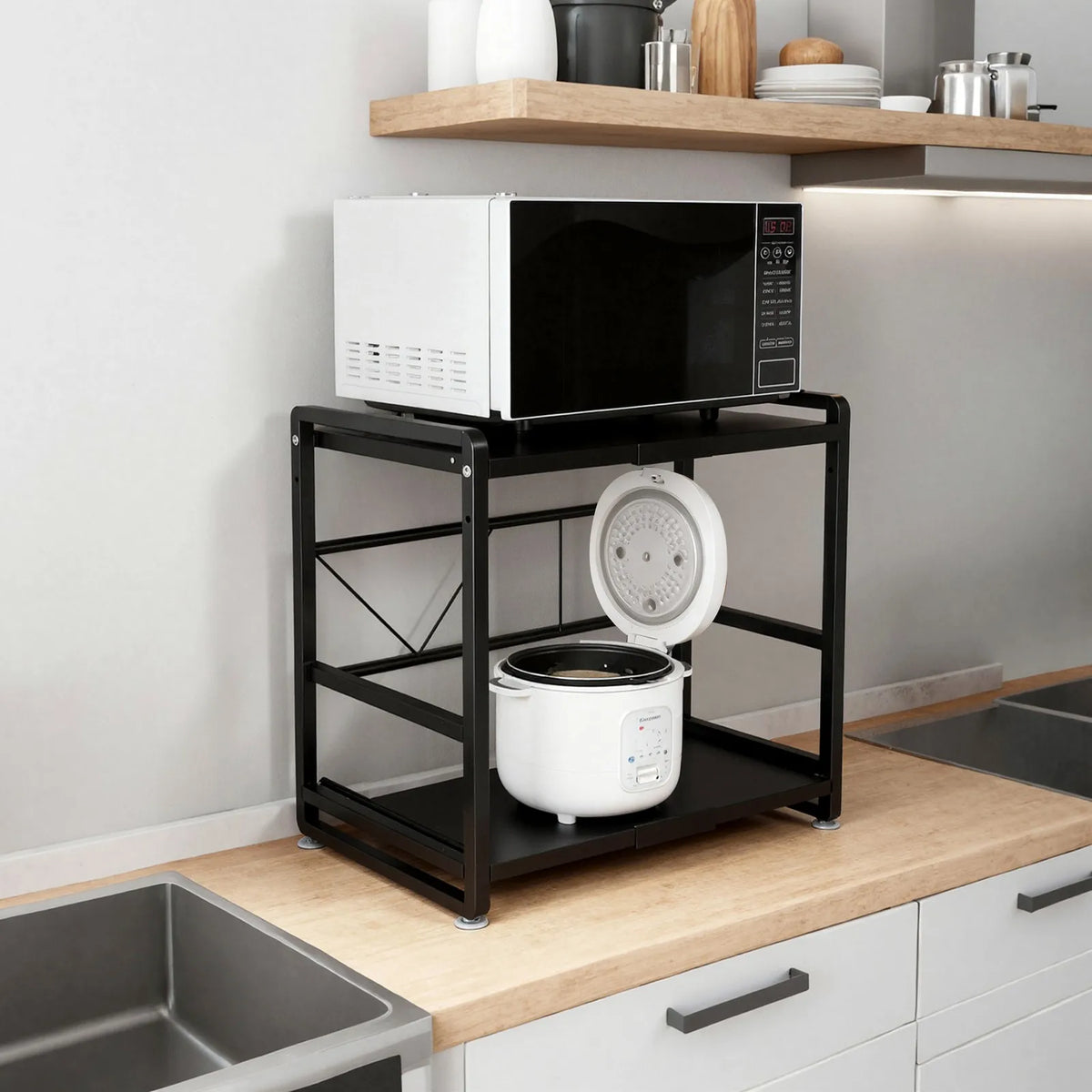 Expandable 2-Tier Microwave Rack Shelf with Hooks & Suction Cups Kitchen Shelf Rack SWANS