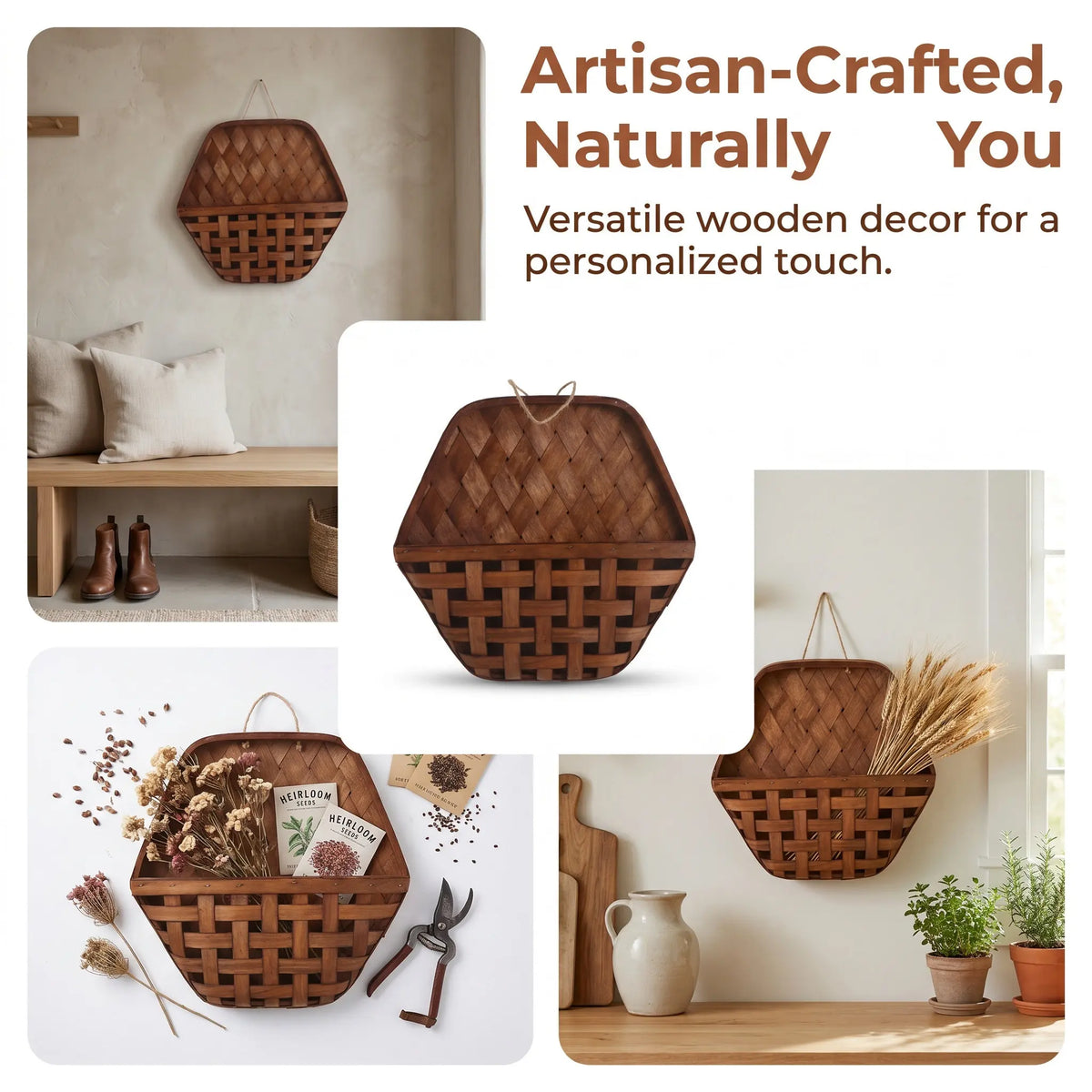 Woven Wood Wall Basket – Rustic Farmhouse Flat Back Flower Holder Decorative Wall Basket SWANS