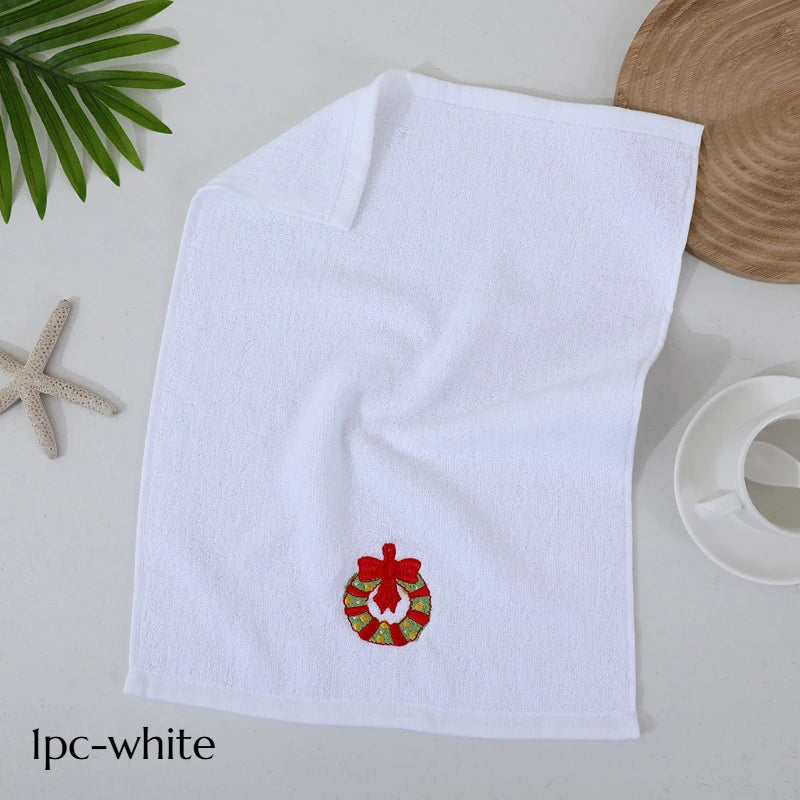 SWANS Vintage Christmas Holiday Towel – Santa & Reindeer Cotton Holiday Hand Towel SWANS 1pc-white