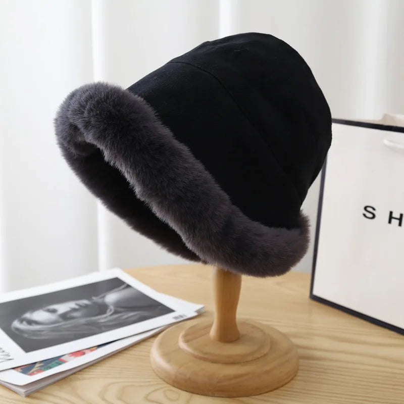 Women's Winter Plush Faux Fur Bucket Hat – Warm Fisherman Cap Winter Bucket Hat SWANS B Style black one size