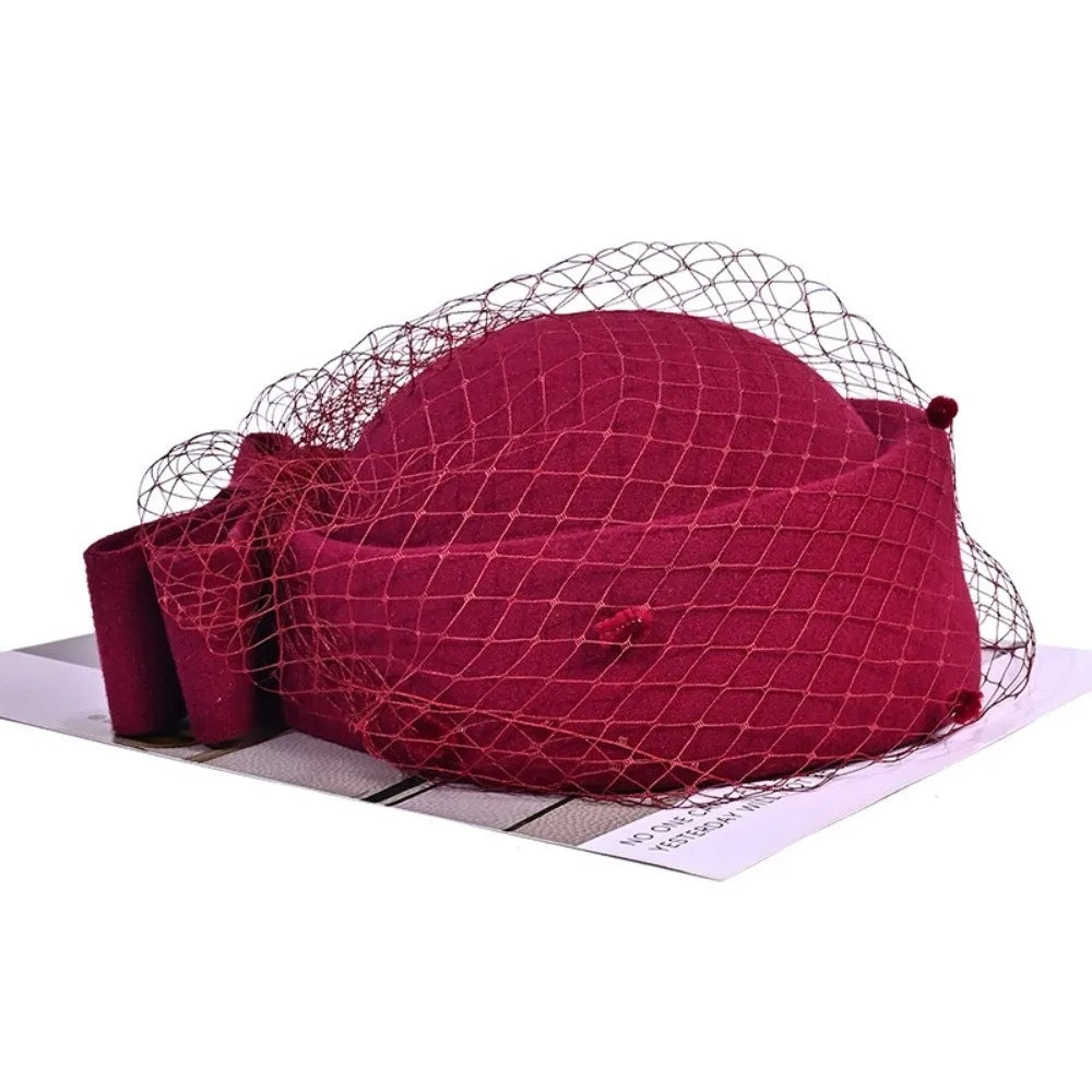 Women's Wool Fascinator Hat – Mesh Veil & Bowknot British Style Fascinator Hat SWANS Wine Red