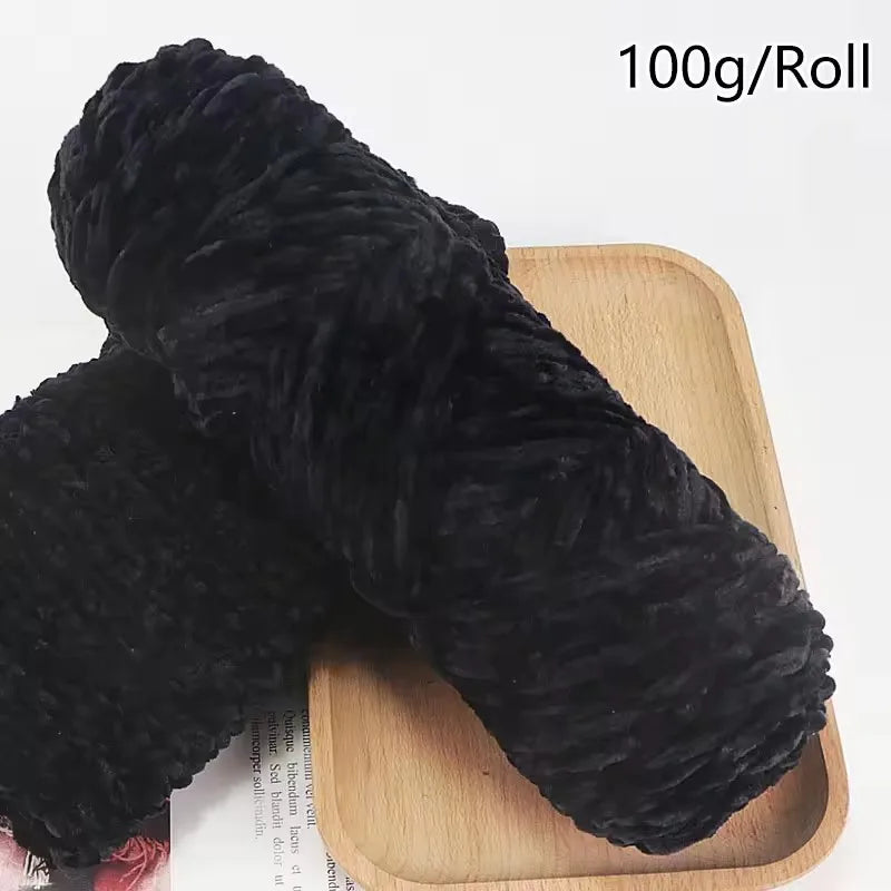 Thick Chenille Velvet Yarn 100g – Soft Plush Crochet & Knit Yarn Craft Yarn SWANS Black