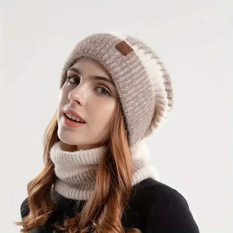 Women's Two-Tone Knitted Beanie & Velvet Bib Set | Winter Hat Winter Beanie Set SWANS