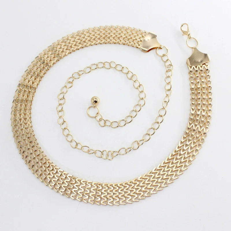 FAITOLAGI Gold Metal Waist Chain Belt – Women's Fashion Metal Waist Chain Belt SWANS Gold2 60x2.4cm adjustable 110cm